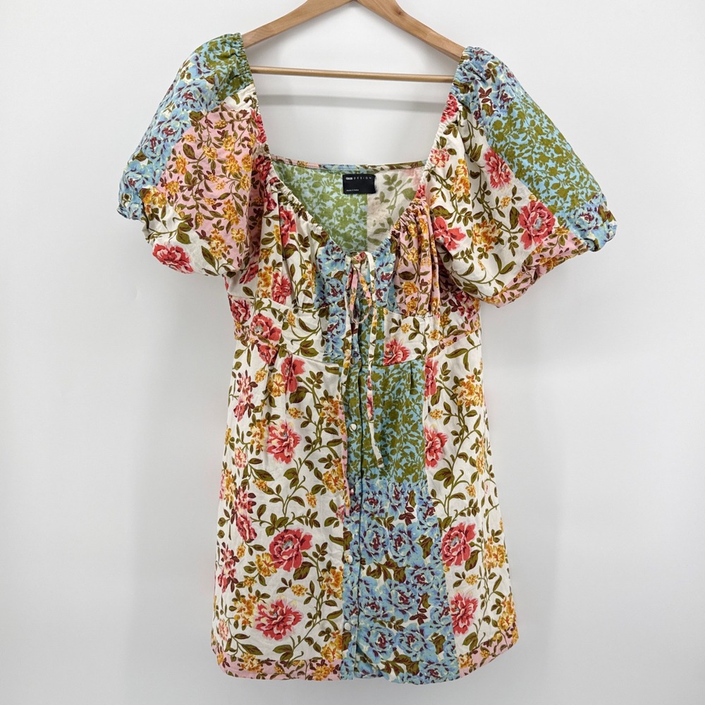 ASOS DESIGN Floral Patchwork Puff Sleeve Mini Dress Tie Front Button Size 14